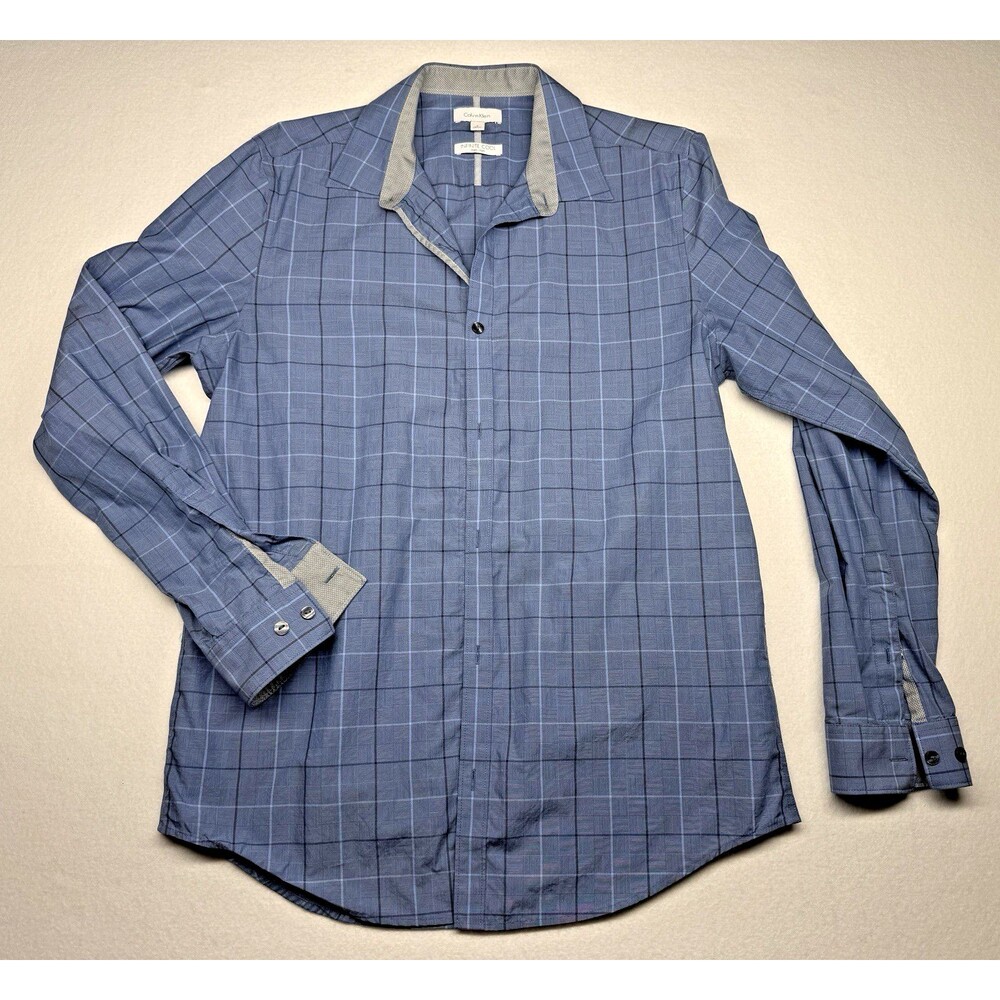 Calvin Klein Shirt Mens Medium Blue Plaid Non Iron Infinite Cool Stretch Button